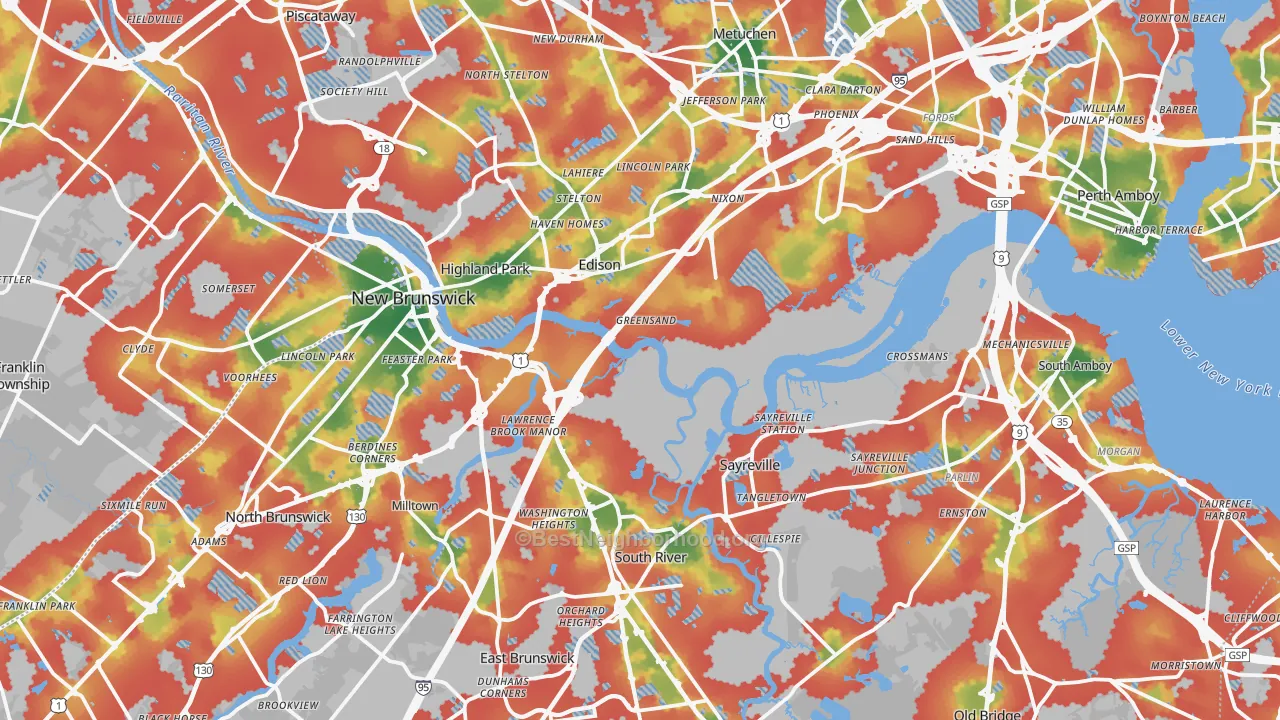 Walk Grade map of Middlesex County, NJ, walkable areas in green and car-dependent areas in red