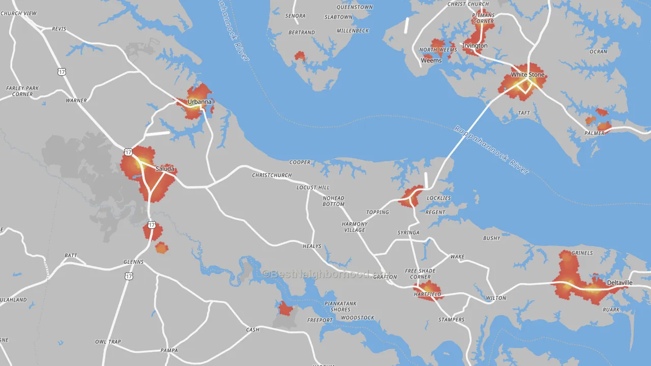 Walk Grade map of Middlesex County, VA, walkable areas in green and car-dependent areas in red