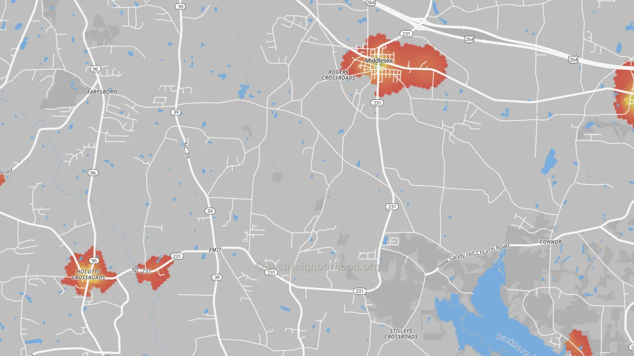 Walk Grade map of Middlesex, NC, walkable areas in green and car-dependent areas in red