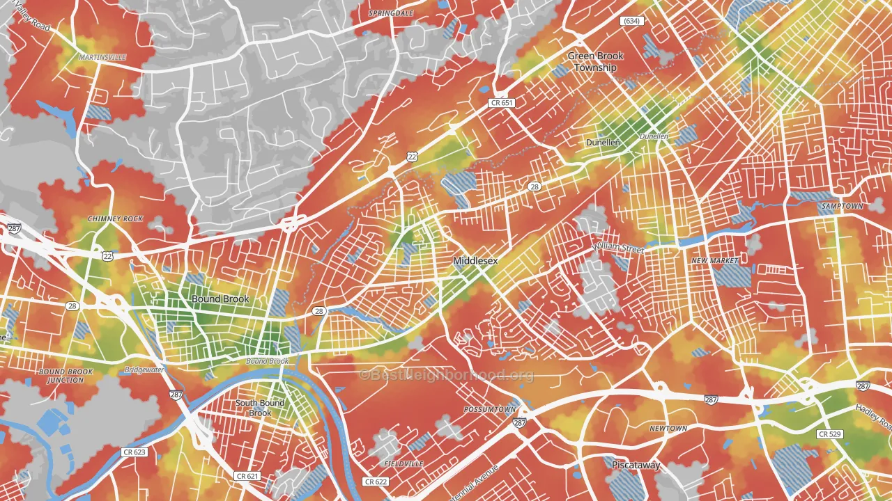 Walk Grade map of Middlesex, NJ, walkable areas in green and car-dependent areas in red
