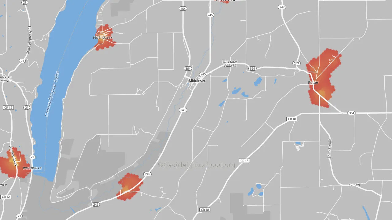 Walk Grade map of Middlesex, NY, walkable areas in green and car-dependent areas in red