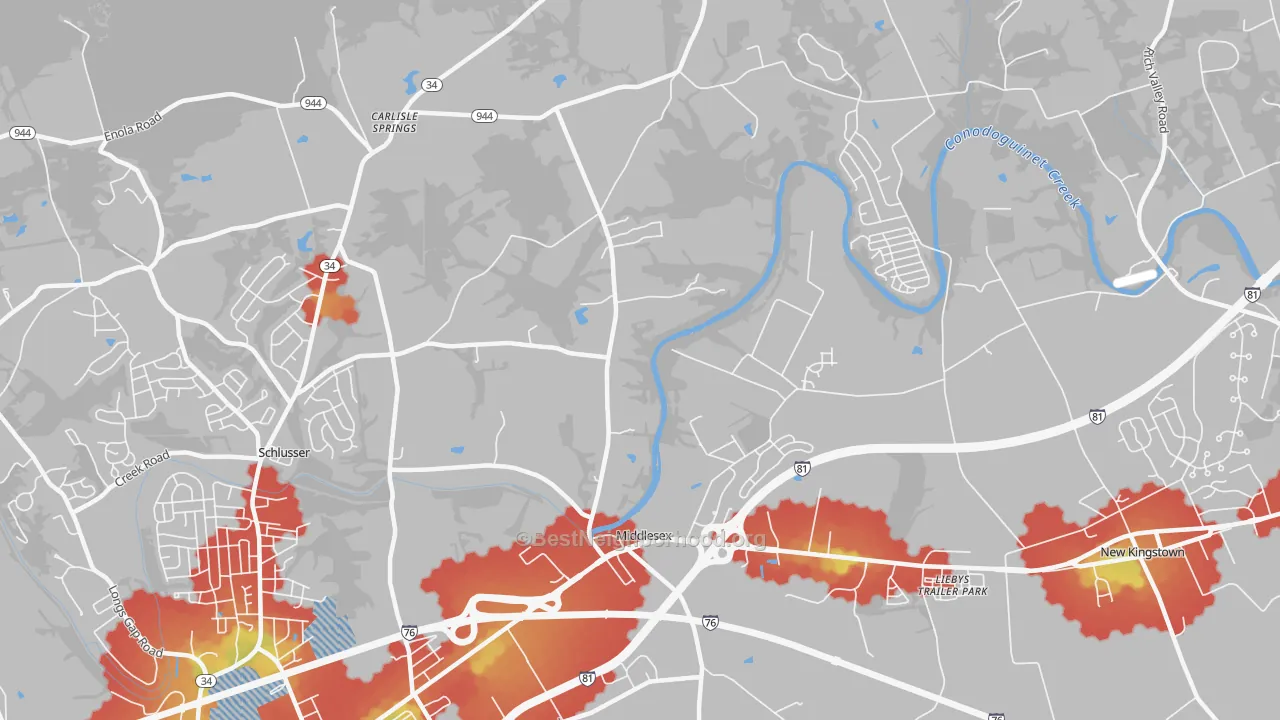 Walk Grade map of Middlesex, PA, walkable areas in green and car-dependent areas in red