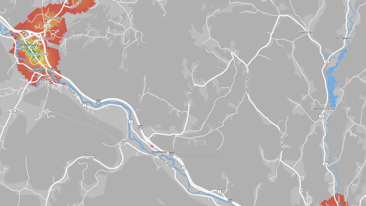 Walk Grade map of Middlesex, VT, walkable areas in green and car-dependent areas in red