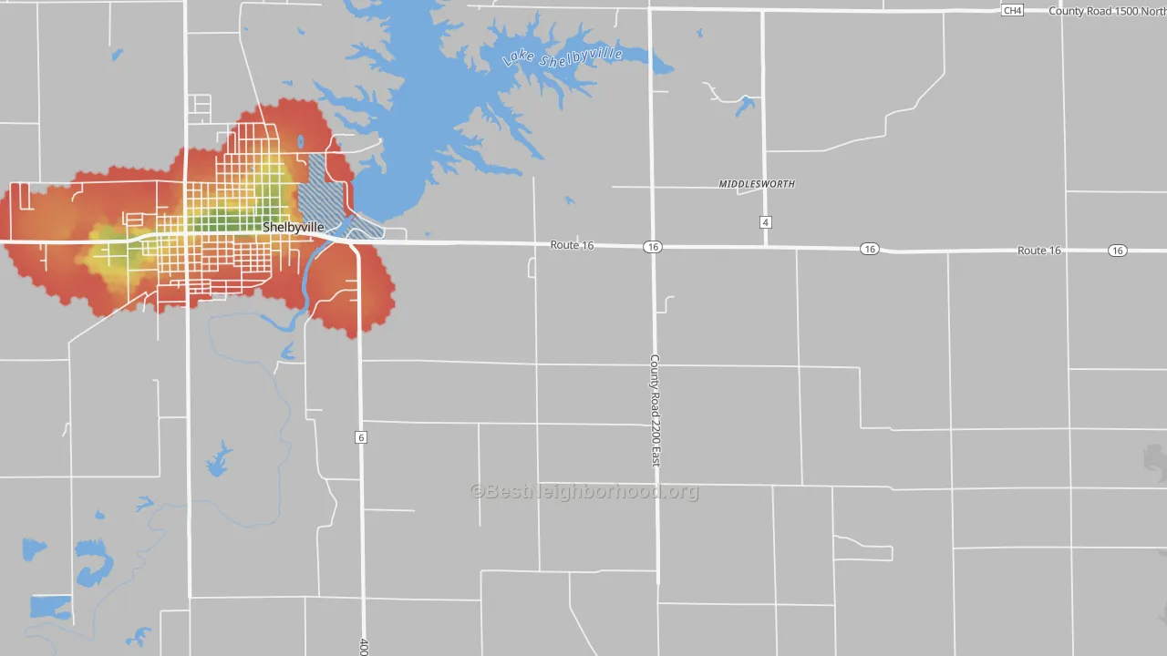 Walk Grade map of Middlesworth, IL, walkable areas in green and car-dependent areas in red