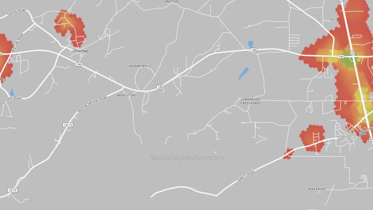 Walk Grade map of Middleton, AL, walkable areas in green and car-dependent areas in red