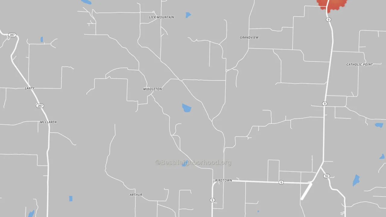 Walk Grade map of Middleton, AR, walkable areas in green and car-dependent areas in red