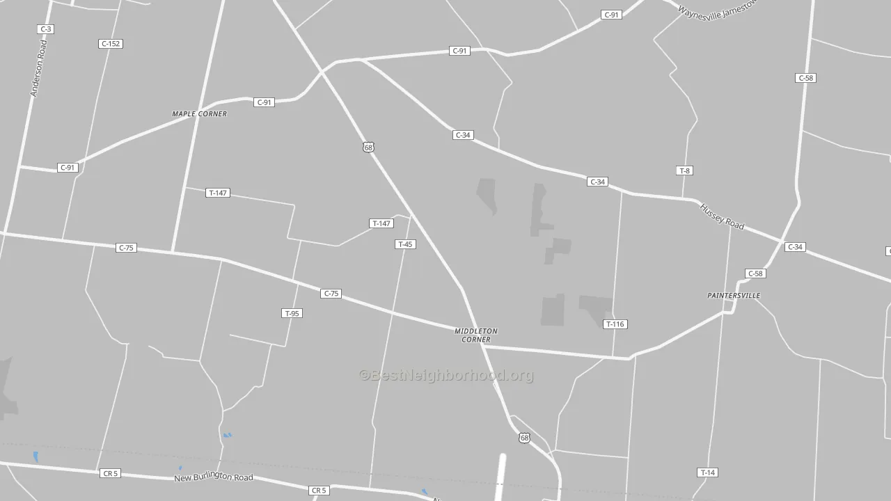 Walk Grade map of Middleton Corner, OH, walkable areas in green and car-dependent areas in red