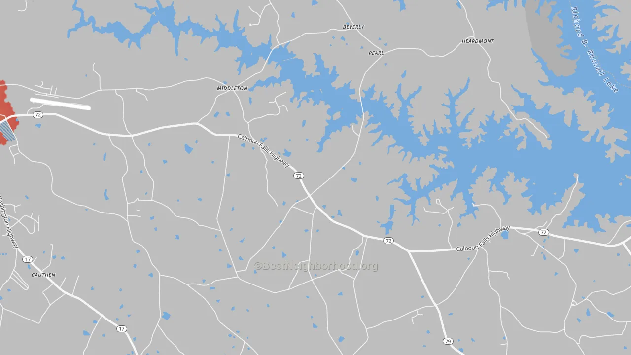 Walk Grade map of Middleton, GA, walkable areas in green and car-dependent areas in red