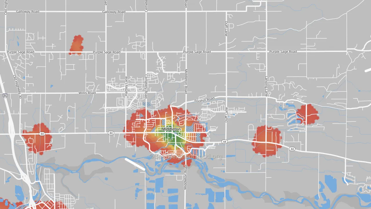 Walk Grade map of Middleton, ID, walkable areas in green and car-dependent areas in red
