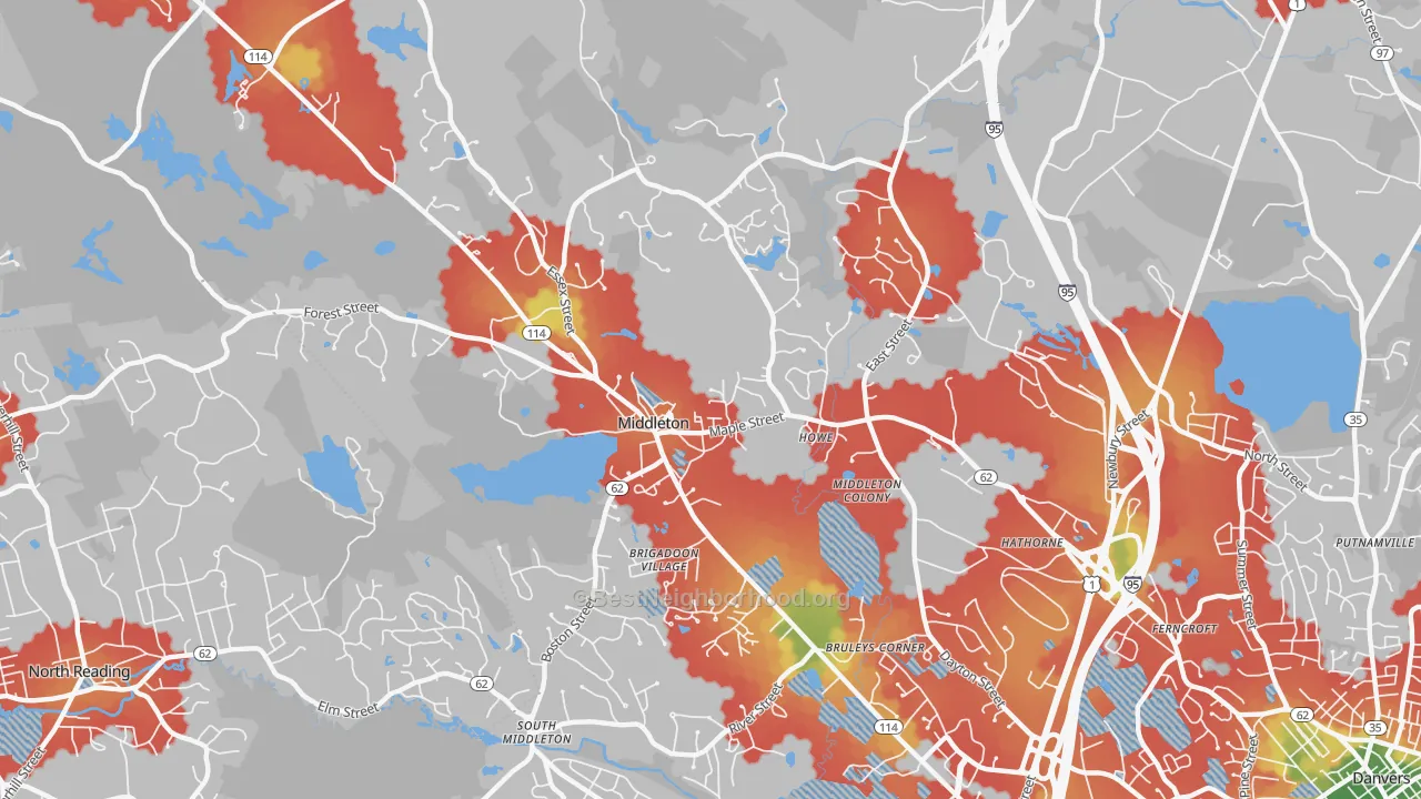 Walk Grade map of Middleton, MA, walkable areas in green and car-dependent areas in red