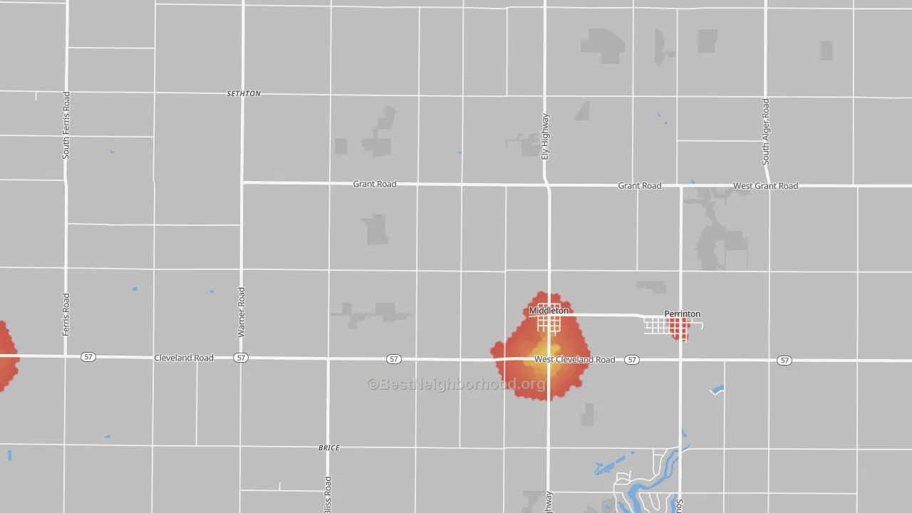 Walk Grade map of Middleton, MI, walkable areas in green and car-dependent areas in red