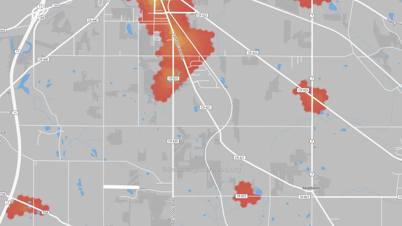 Walk Grade map of Middleton, OH, walkable areas in green and car-dependent areas in red