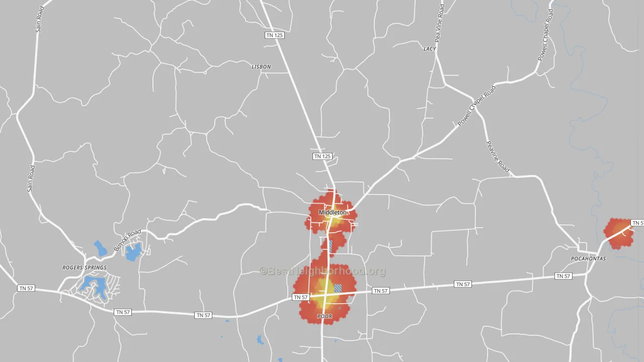 Walk Grade map of Middleton, TN, walkable areas in green and car-dependent areas in red
