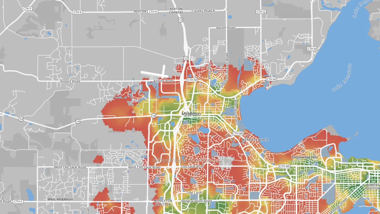 Walk Grade map of Middleton, WI, walkable areas in green and car-dependent areas in red