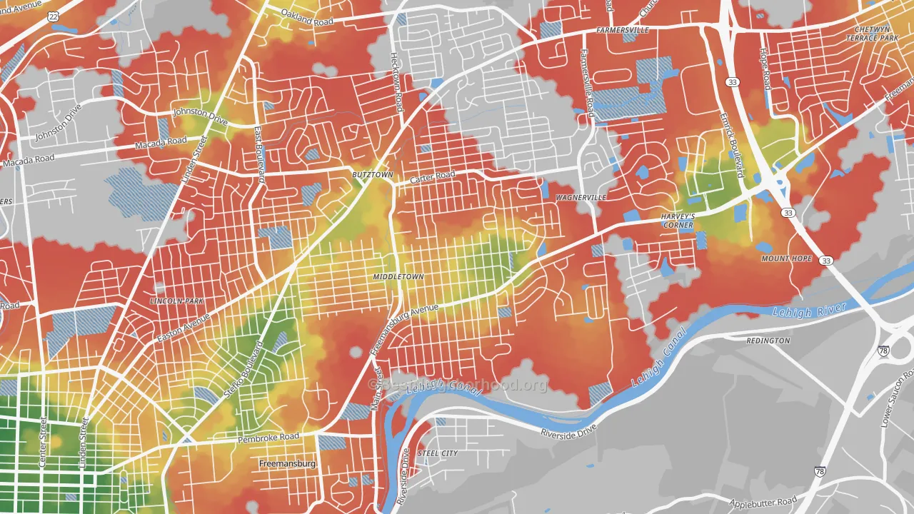 Walk Grade map of middletown, Bethlehem, PA, walkable areas in green and car-dependent areas in red