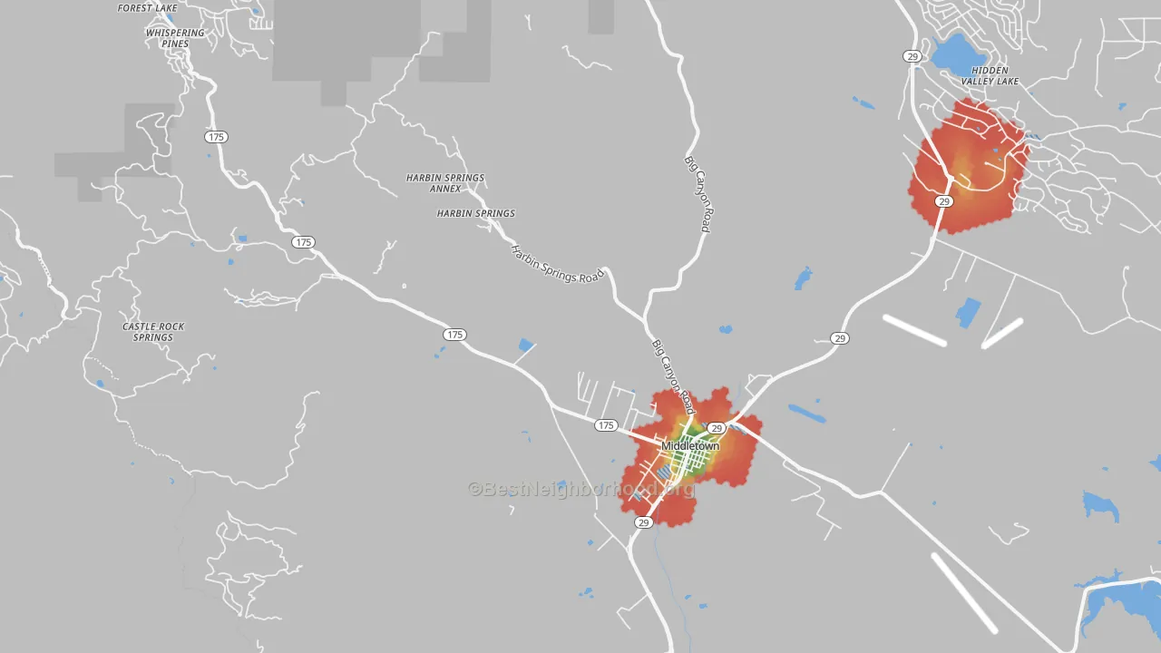 Walk Grade map of Middletown, CA, walkable areas in green and car-dependent areas in red