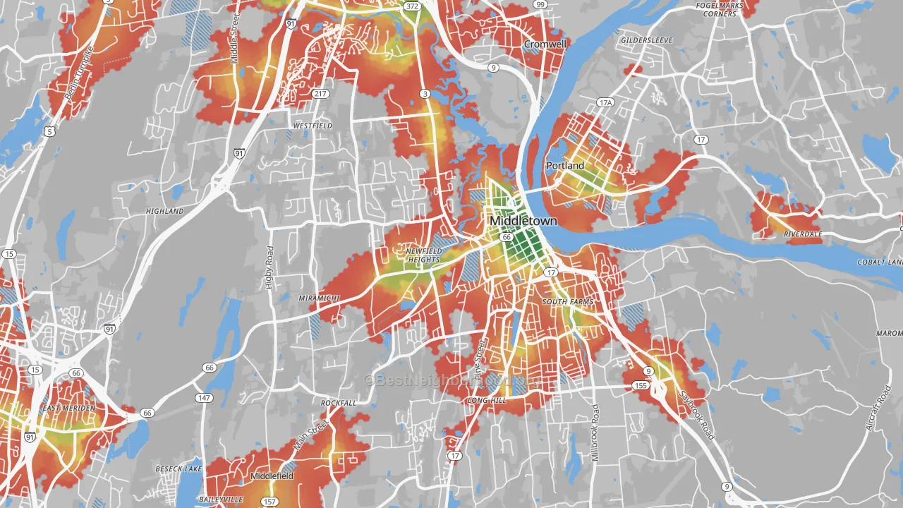 Walk Grade map of Middletown, CT, walkable areas in green and car-dependent areas in red