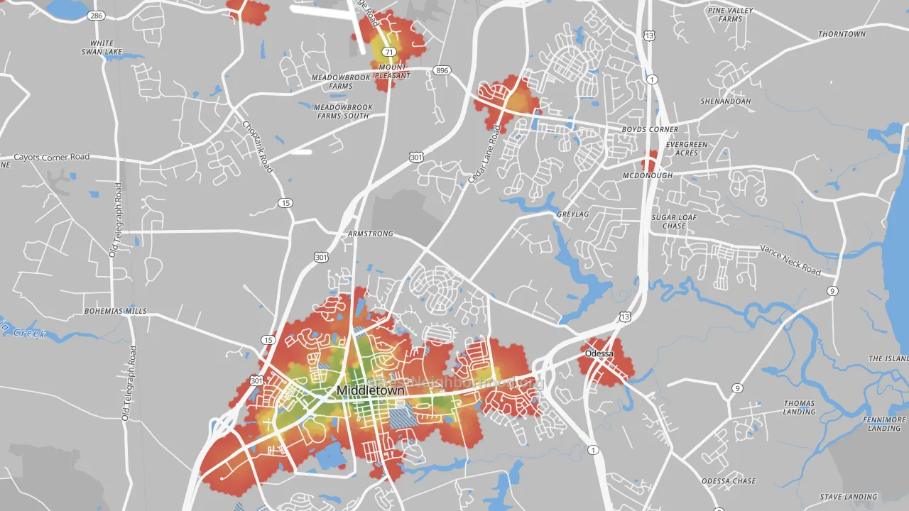 Walk Grade map of Middletown, DE, walkable areas in green and car-dependent areas in red