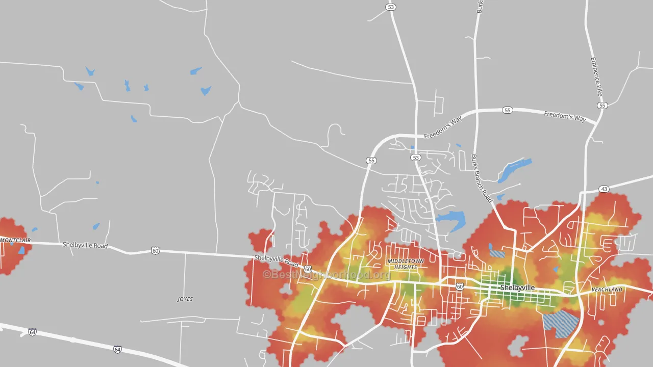 Walk Grade map of Middletown Heights, KY, walkable areas in green and car-dependent areas in red