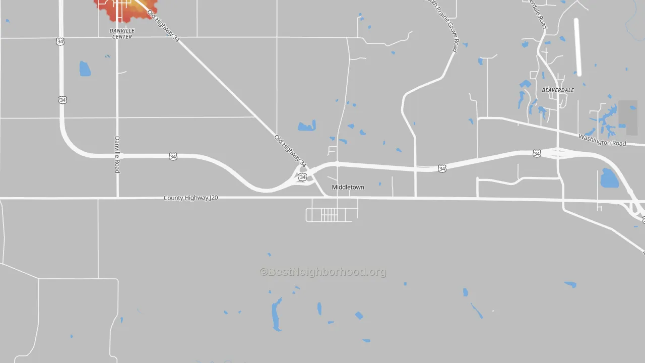 Walk Grade map of Middletown, IA, walkable areas in green and car-dependent areas in red