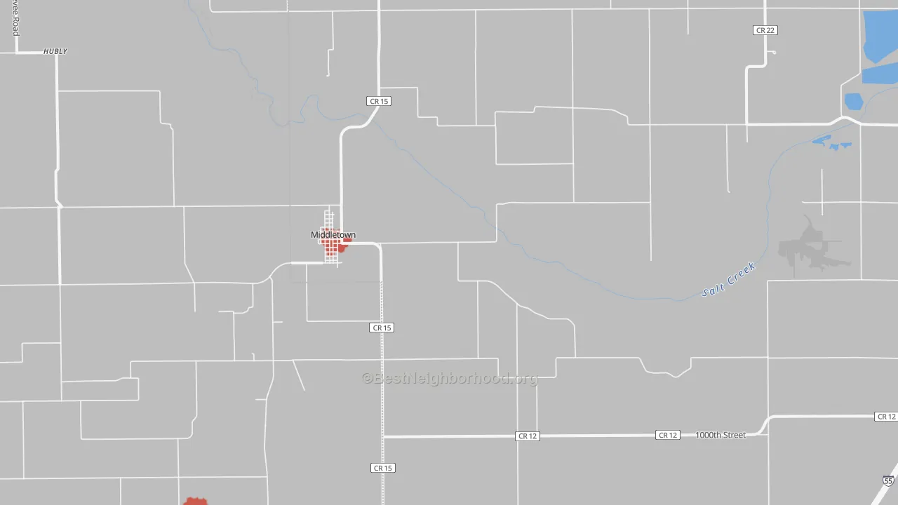 Walk Grade map of Middletown, IL, walkable areas in green and car-dependent areas in red