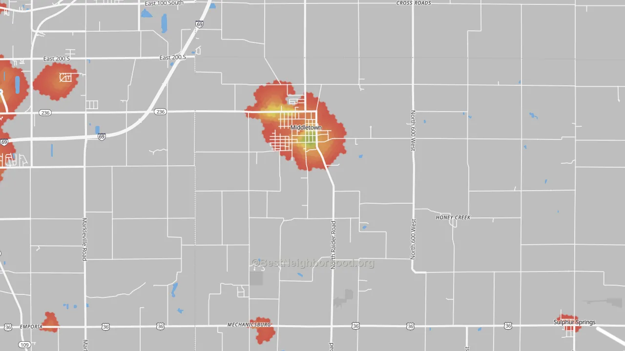 Walk Grade map of Middletown, IN, walkable areas in green and car-dependent areas in red