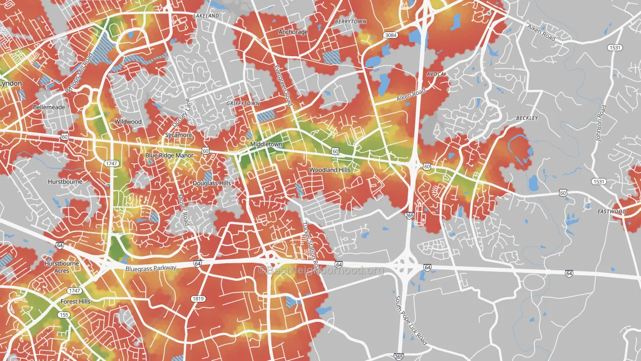 Walk Grade map of Middletown, KY, walkable areas in green and car-dependent areas in red