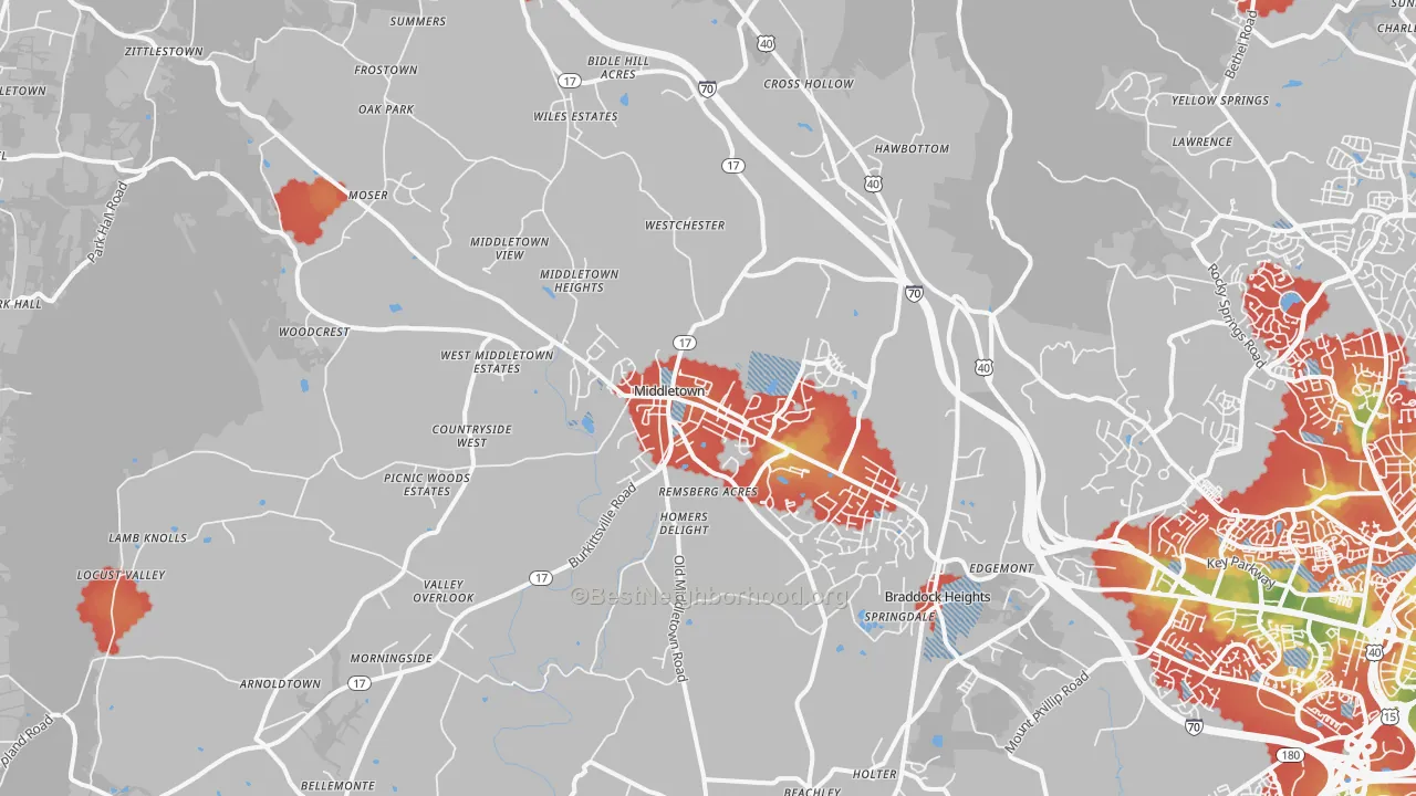 Walk Grade map of Middletown, MD, walkable areas in green and car-dependent areas in red