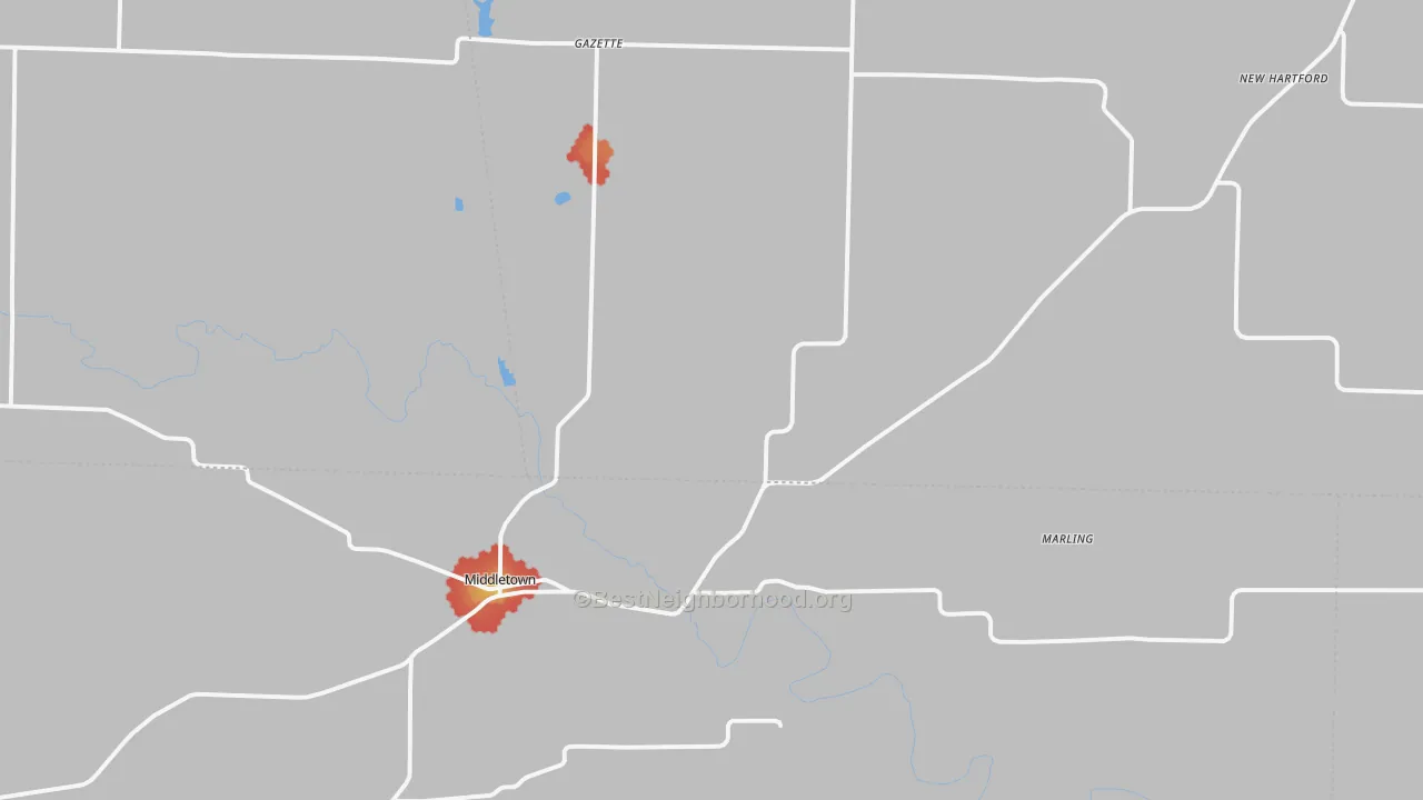 Walk Grade map of Middletown, MO, walkable areas in green and car-dependent areas in red