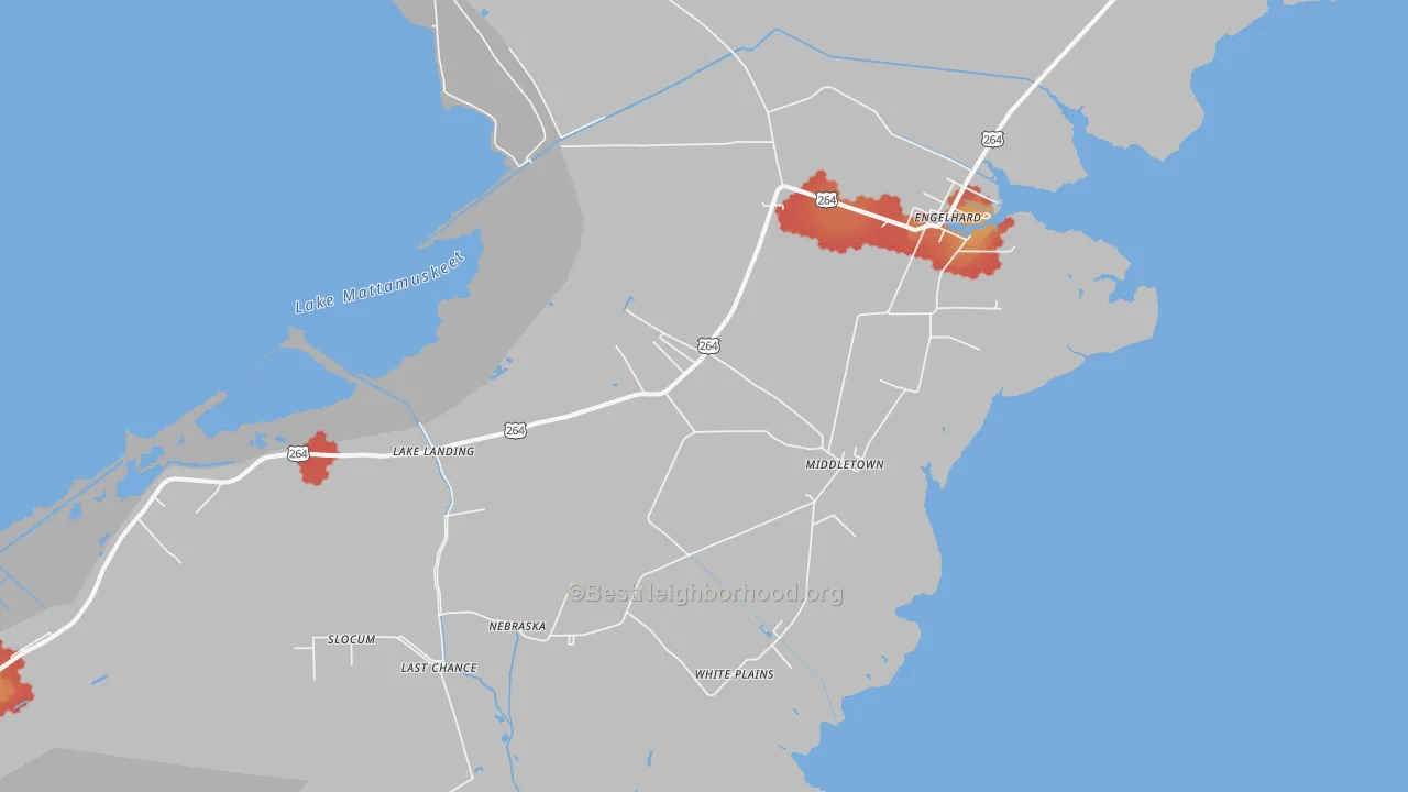 Walk Grade map of Middletown, NC, walkable areas in green and car-dependent areas in red