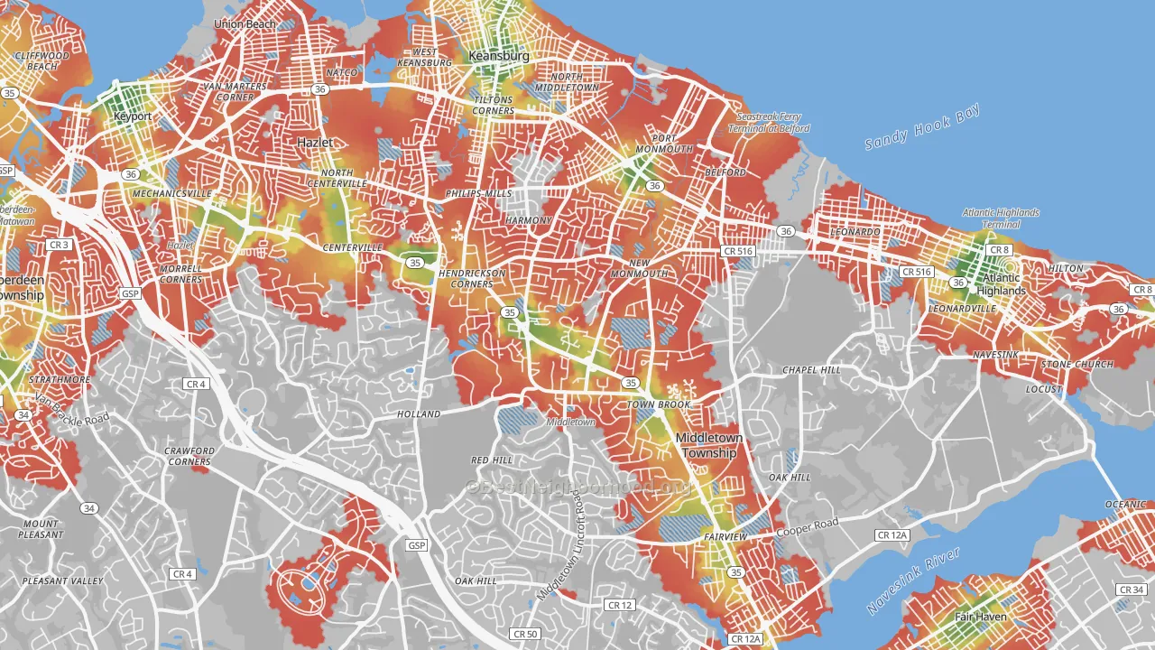 Walk Grade map of Middletown, NJ, walkable areas in green and car-dependent areas in red