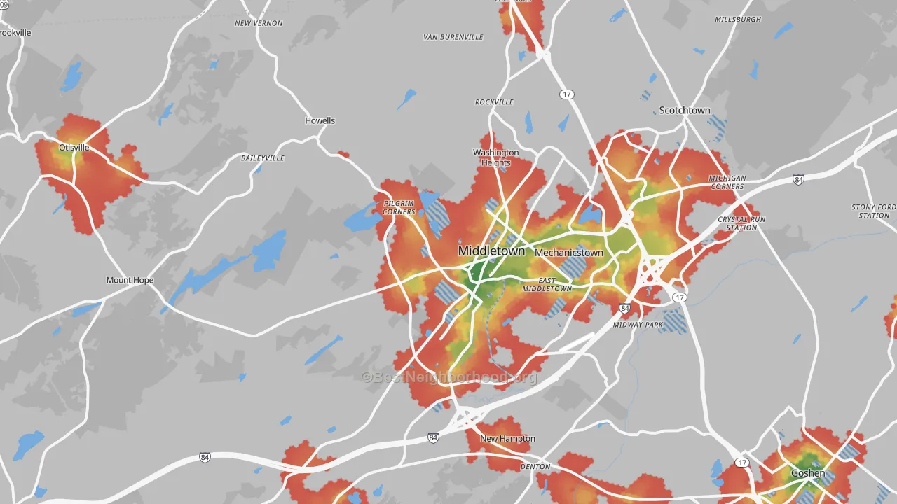 Walk Grade map of Middletown, NY, walkable areas in green and car-dependent areas in red