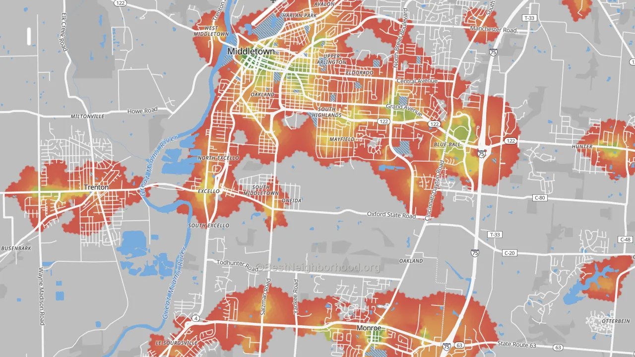 Walk Grade map of Middletown, OH, walkable areas in green and car-dependent areas in red