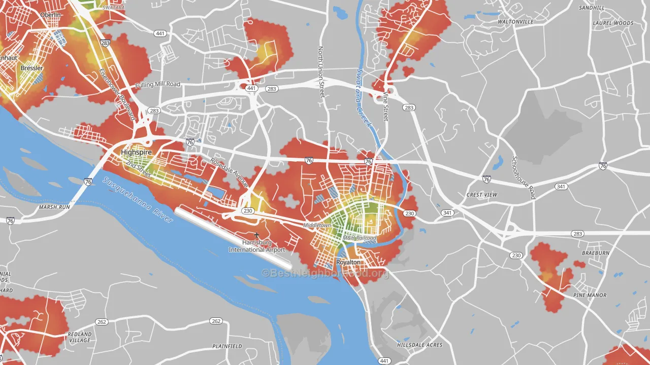 Walk Grade map of Middletown, PA, walkable areas in green and car-dependent areas in red