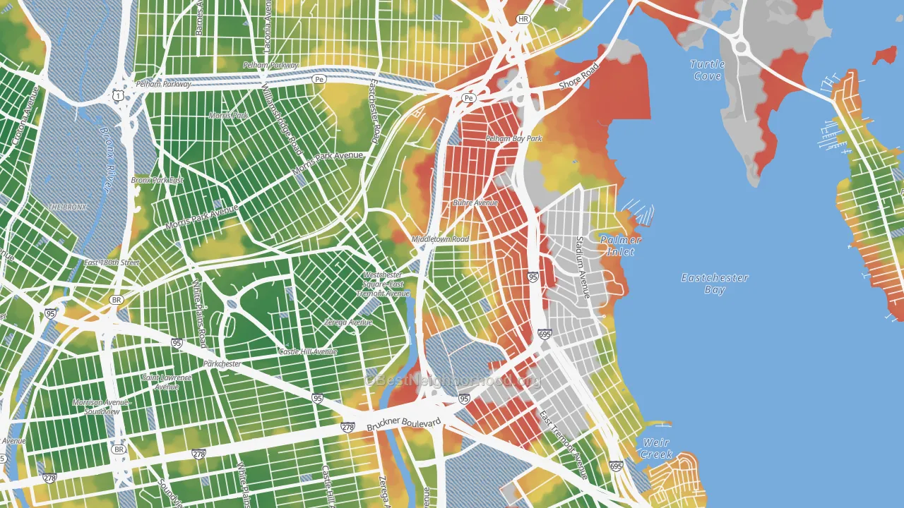 Walk Grade map of Middletown-Pelham Bay, Bronx, NY, walkable areas in green and car-dependent areas in red