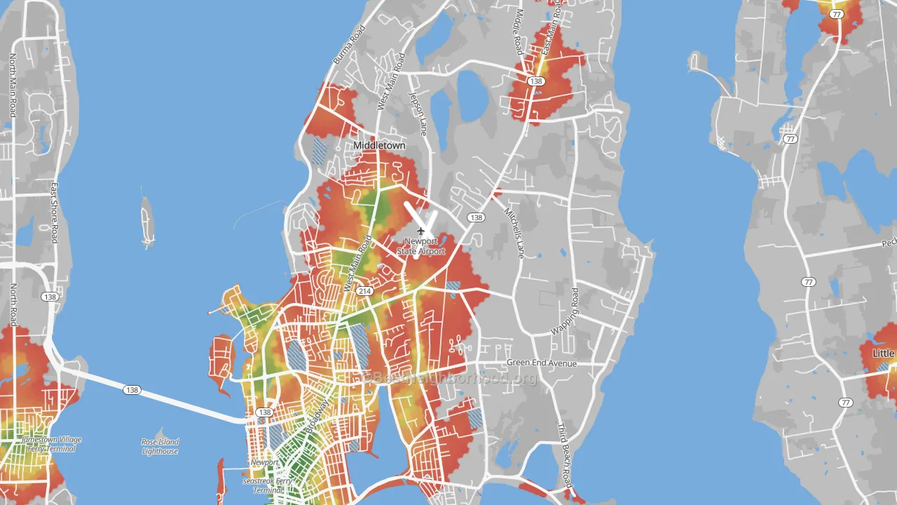 Walk Grade map of Middletown, RI, walkable areas in green and car-dependent areas in red