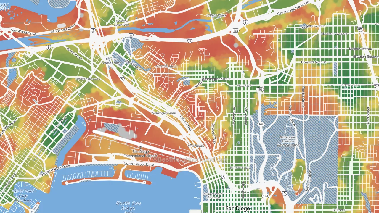 Walk Grade map of Middletown, San Diego, CA, walkable areas in green and car-dependent areas in red