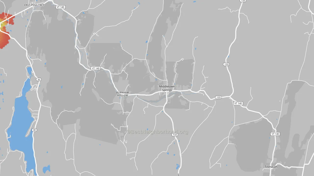 Walk Grade map of Middletown Springs, VT, walkable areas in green and car-dependent areas in red