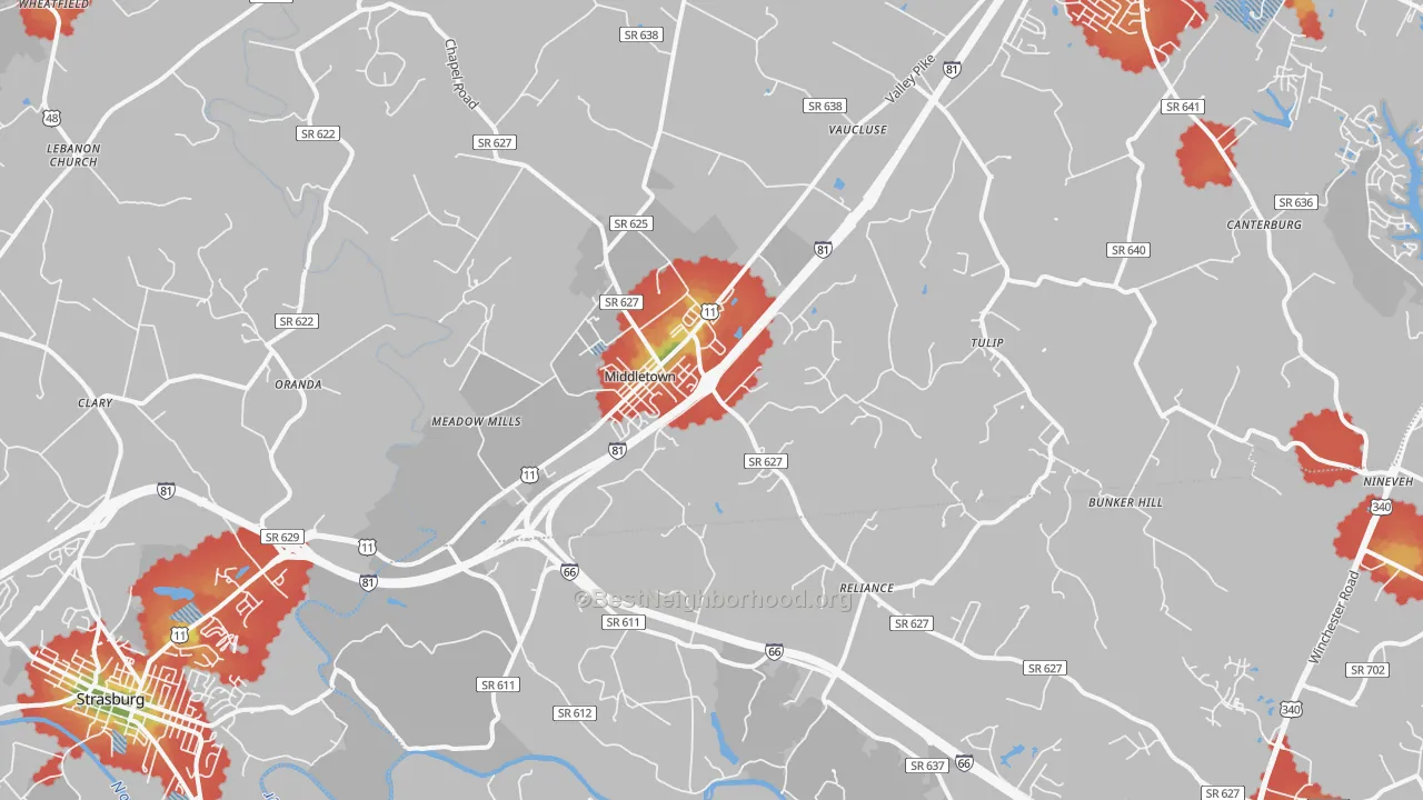 Walk Grade map of Middletown, VA, walkable areas in green and car-dependent areas in red