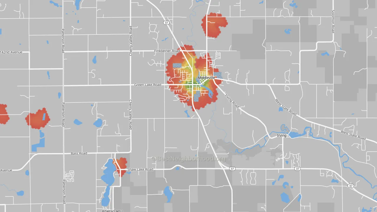 Walk Grade map of Middleville, MI, walkable areas in green and car-dependent areas in red