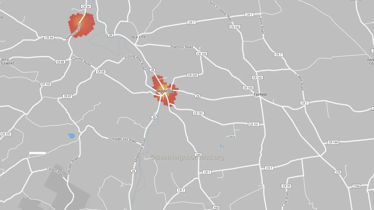 Walk Grade map of Middleville, NY, walkable areas in green and car-dependent areas in red