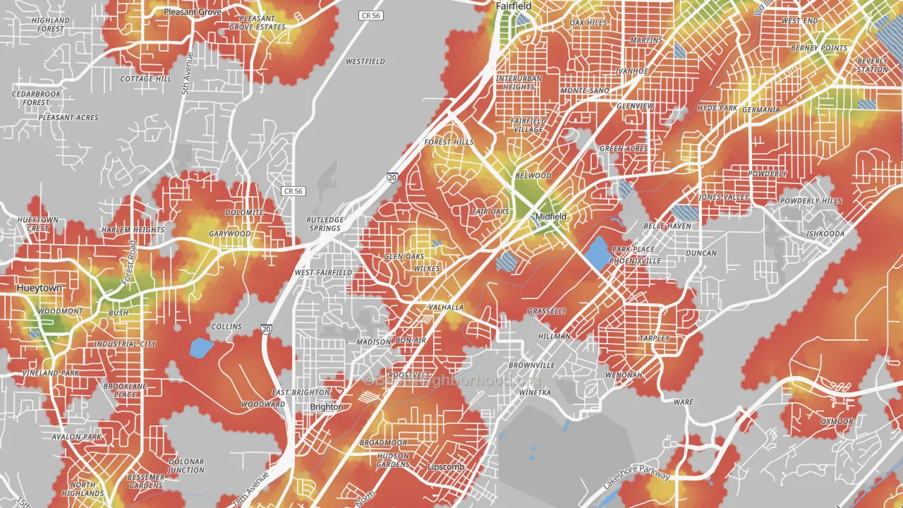Walk Grade map of Midfield, AL, walkable areas in green and car-dependent areas in red