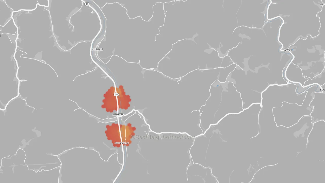 Walk Grade map of Midkiff, WV, walkable areas in green and car-dependent areas in red