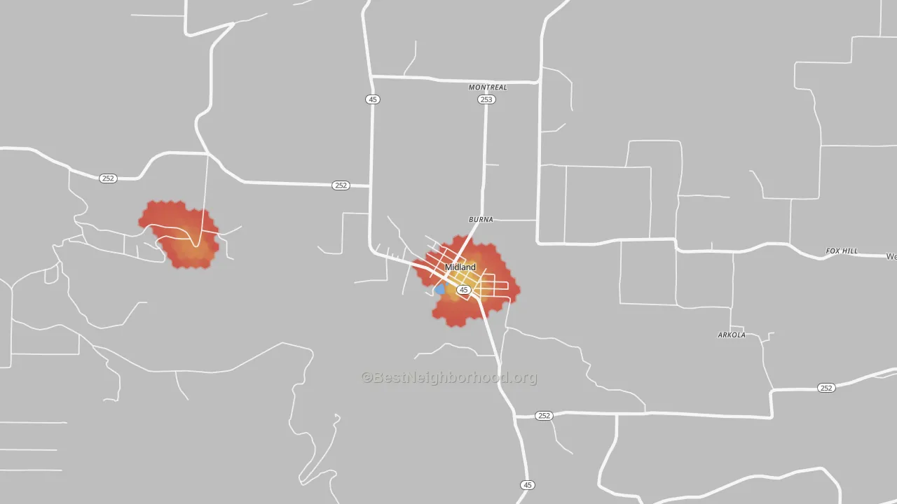 Walk Grade map of Midland, AR, walkable areas in green and car-dependent areas in red
