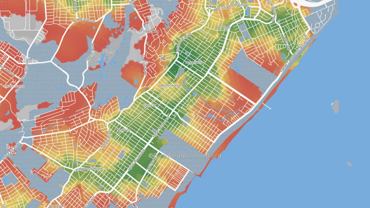 Walk Grade map of Midland Beach, Staten Island, NY, walkable areas in green and car-dependent areas in red