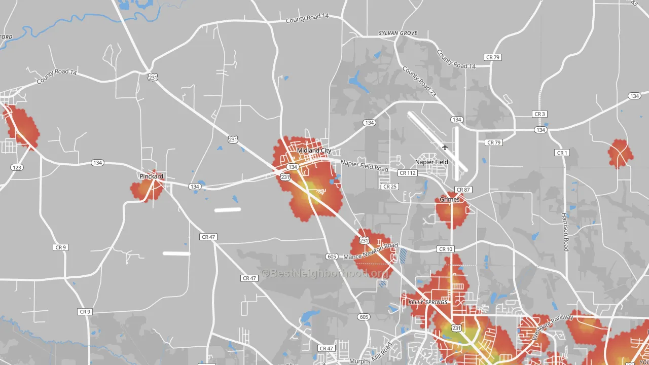 Walk Grade map of Midland City, AL, walkable areas in green and car-dependent areas in red