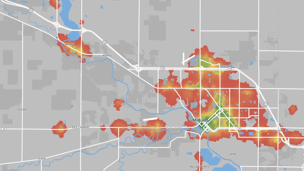 Walk Grade map of Midland County, MI, walkable areas in green and car-dependent areas in red