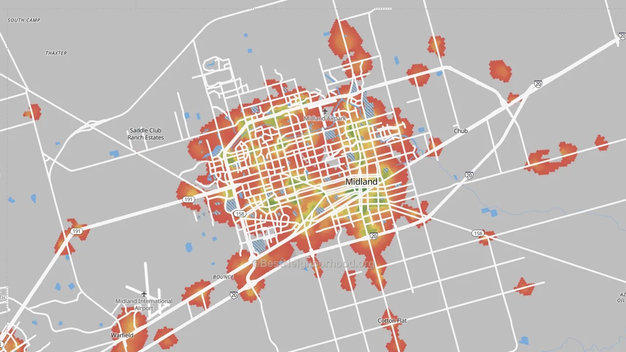 Walk Grade map of Midland County, TX, walkable areas in green and car-dependent areas in red