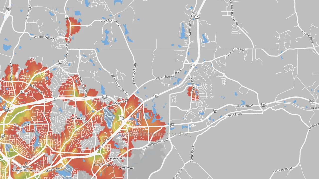 Walk Grade map of Midland, GA, walkable areas in green and car-dependent areas in red