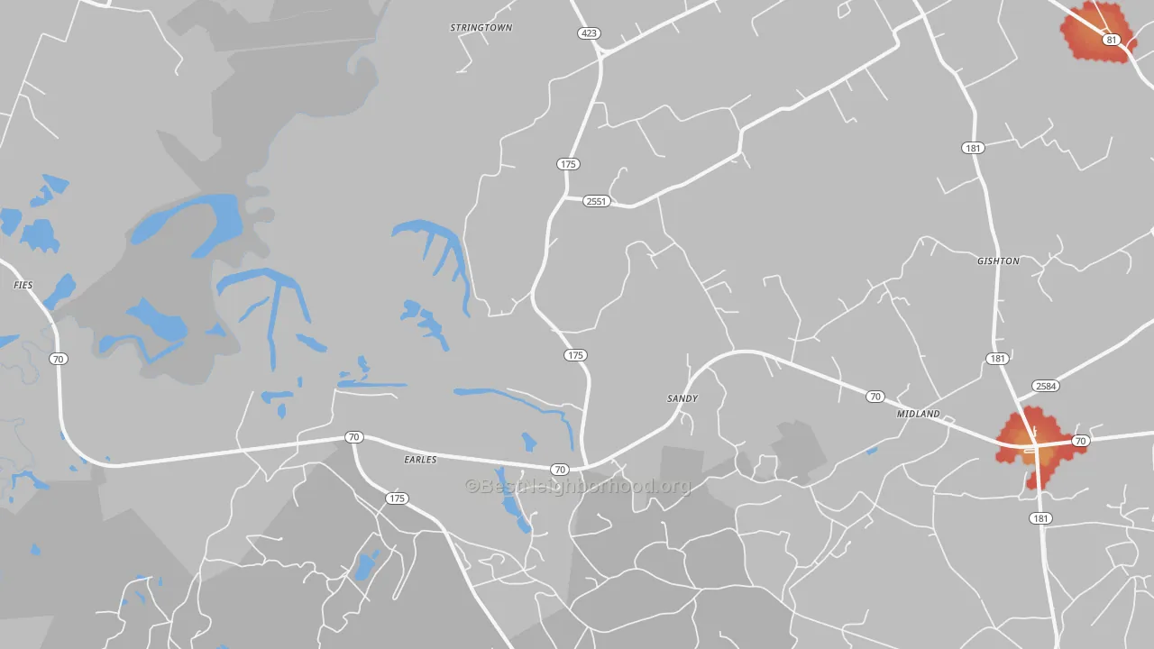 Walk Grade map of Midland, KY, walkable areas in green and car-dependent areas in red